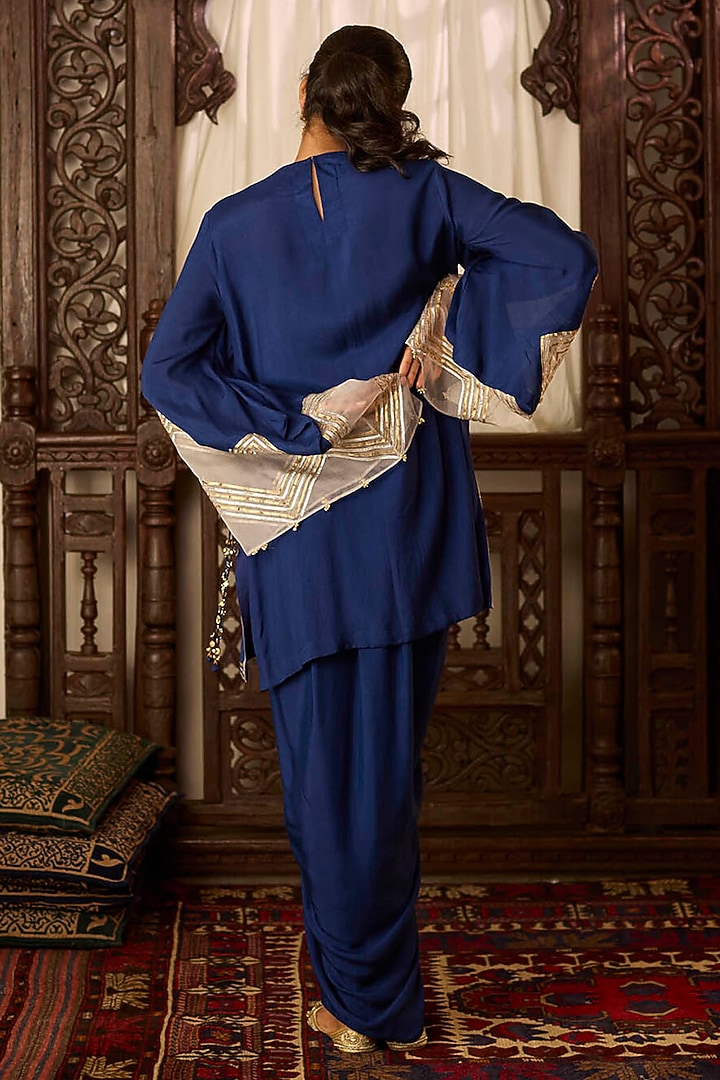 Navy Blue Cotton Silk Draped Skirt Set by Inej at Pernia's Pop Up Shop