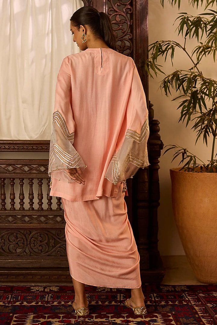 Peach Cotton Silk Draped Skirt Set by Inej at Pernia's Pop Up Shop
