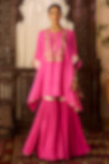 Hot Pink Cotton Silk Gota Embroidered Kaftan Set by Inej at Pernia's Pop Up Shop