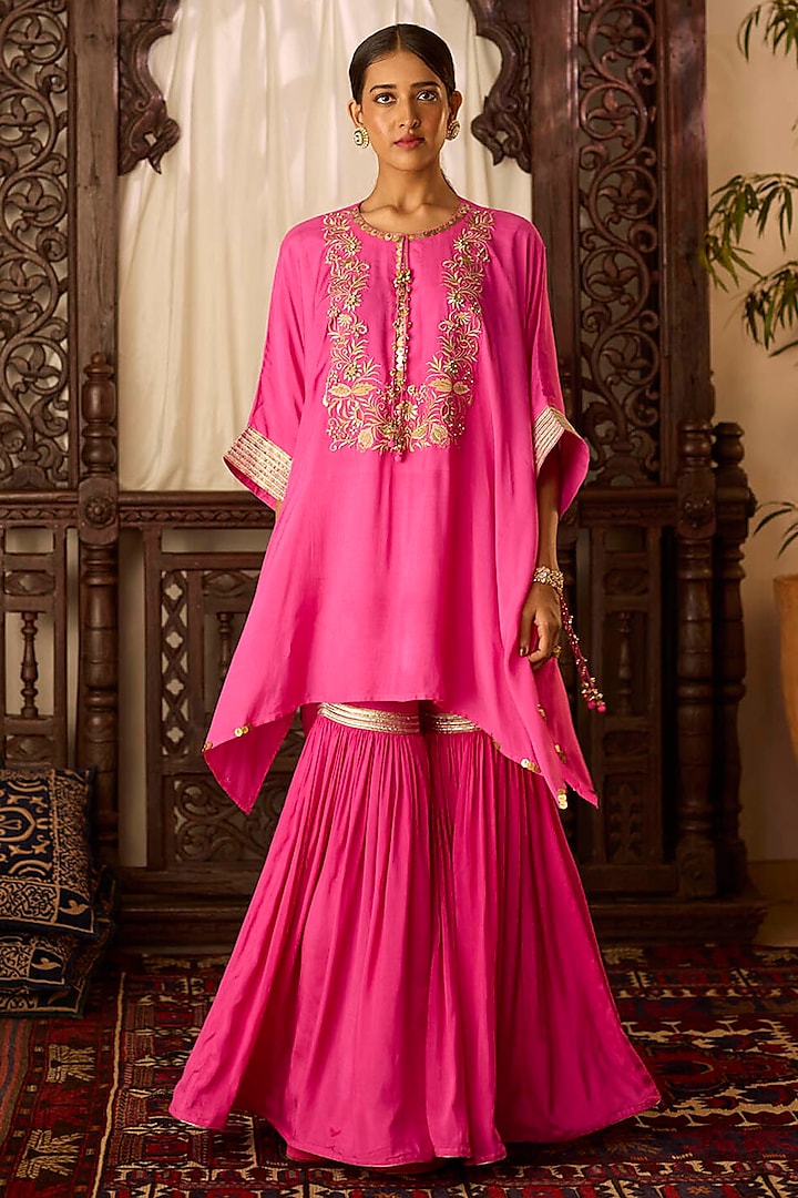 Hot Pink Cotton Silk Gota Embroidered Kaftan Set by Inej at Pernia's Pop Up Shop