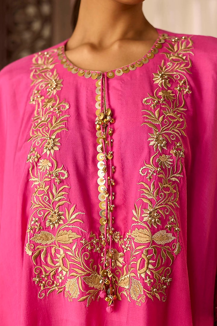 Hot Pink Cotton Silk Gota Embroidered Kaftan Set by Inej at Pernia's Pop Up Shop