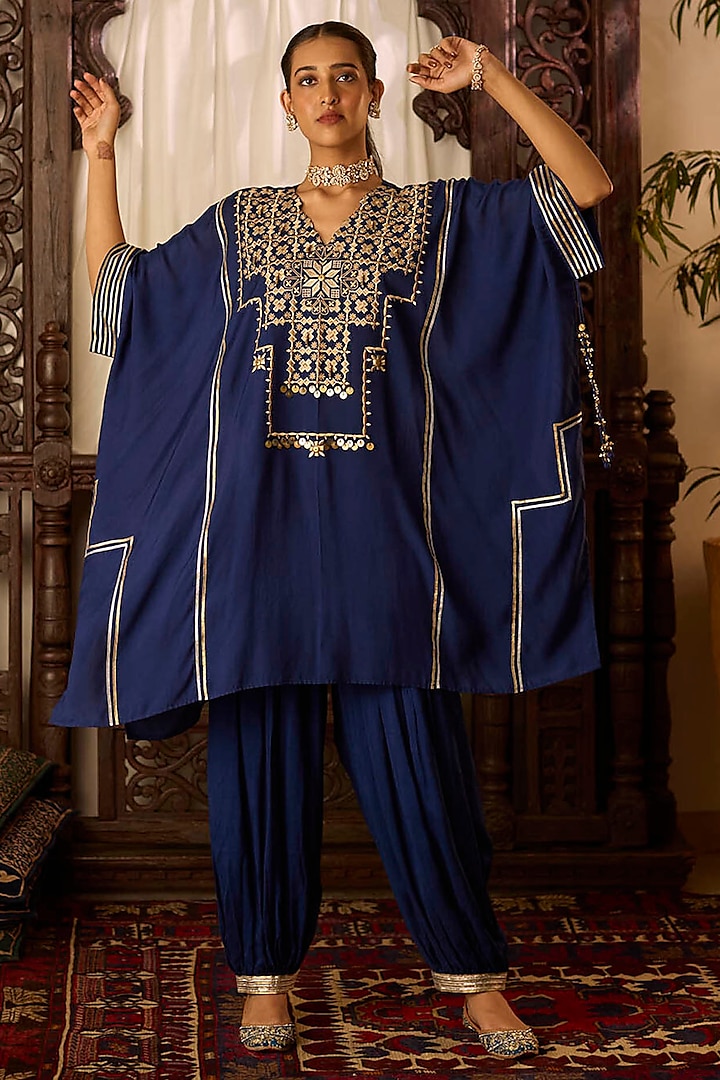 Navy Blue Cotton Silk Gota Embroidered Kaftan Set by Inej at Pernia's Pop Up Shop