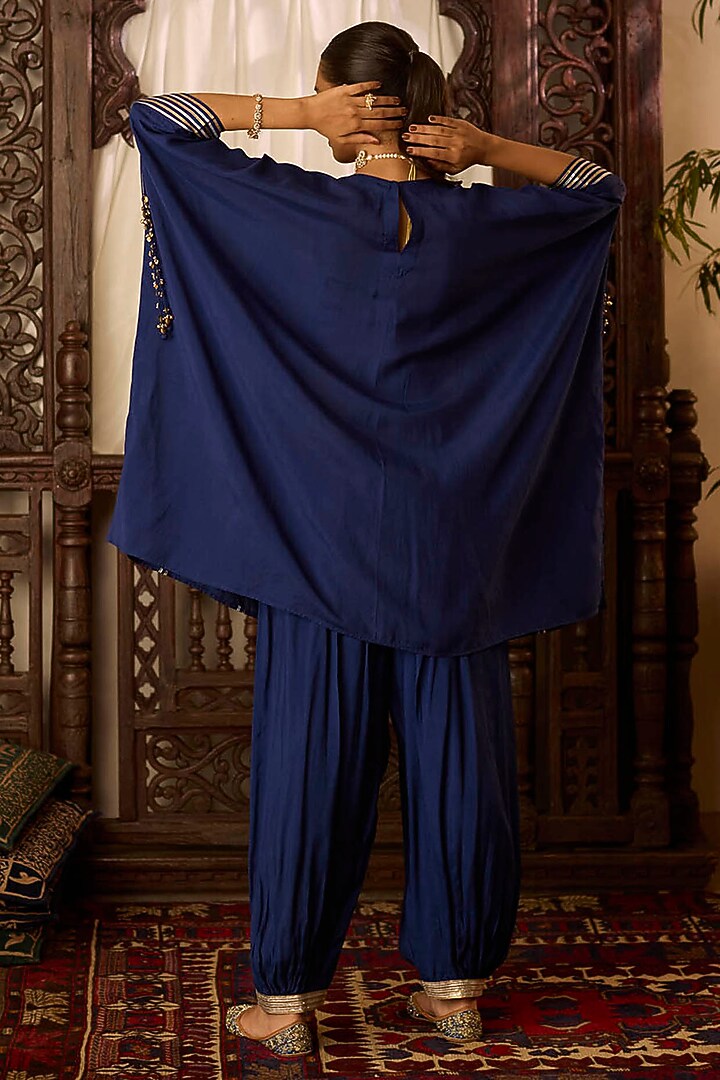 Navy Blue Cotton Silk Gota Embroidered Kaftan Set by Inej at Pernia's Pop Up Shop
