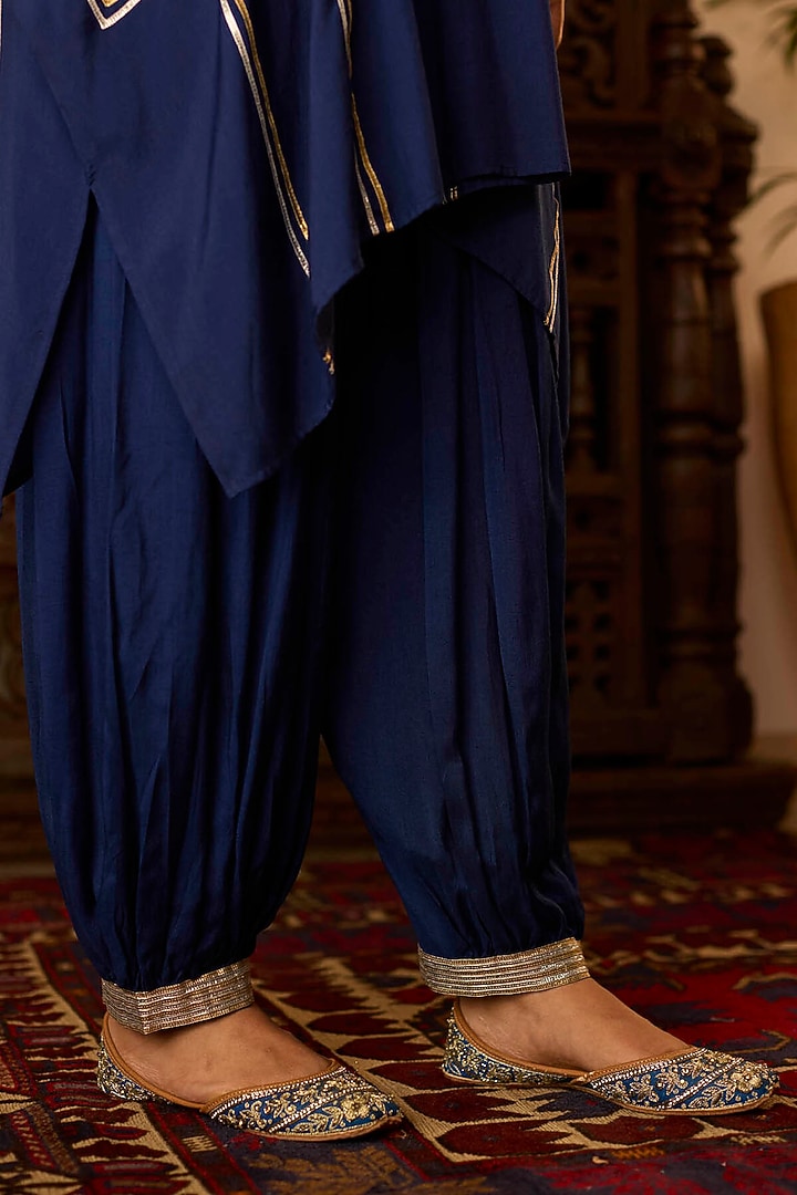 Navy Blue Cotton Silk Gota Embroidered Kaftan Set by Inej at Pernia's Pop Up Shop