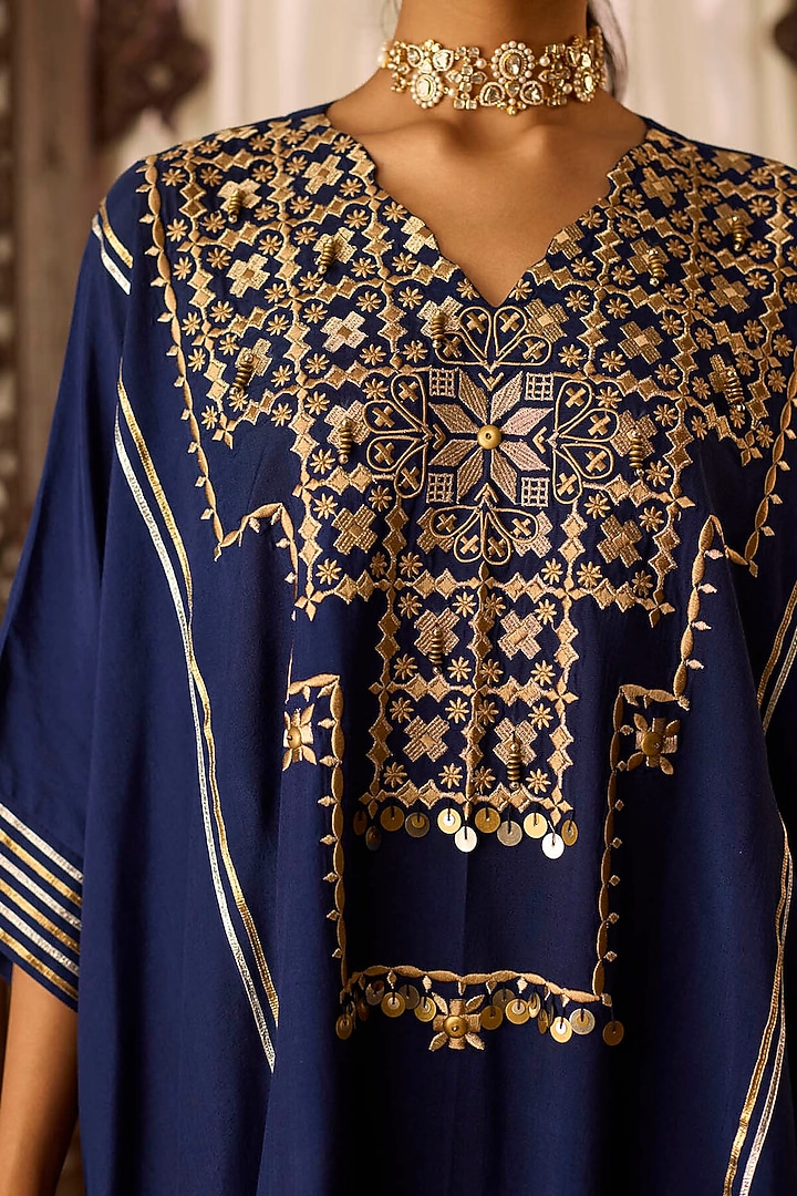 Navy Blue Cotton Silk Gota Embroidered Kaftan Set by Inej at Pernia's Pop Up Shop