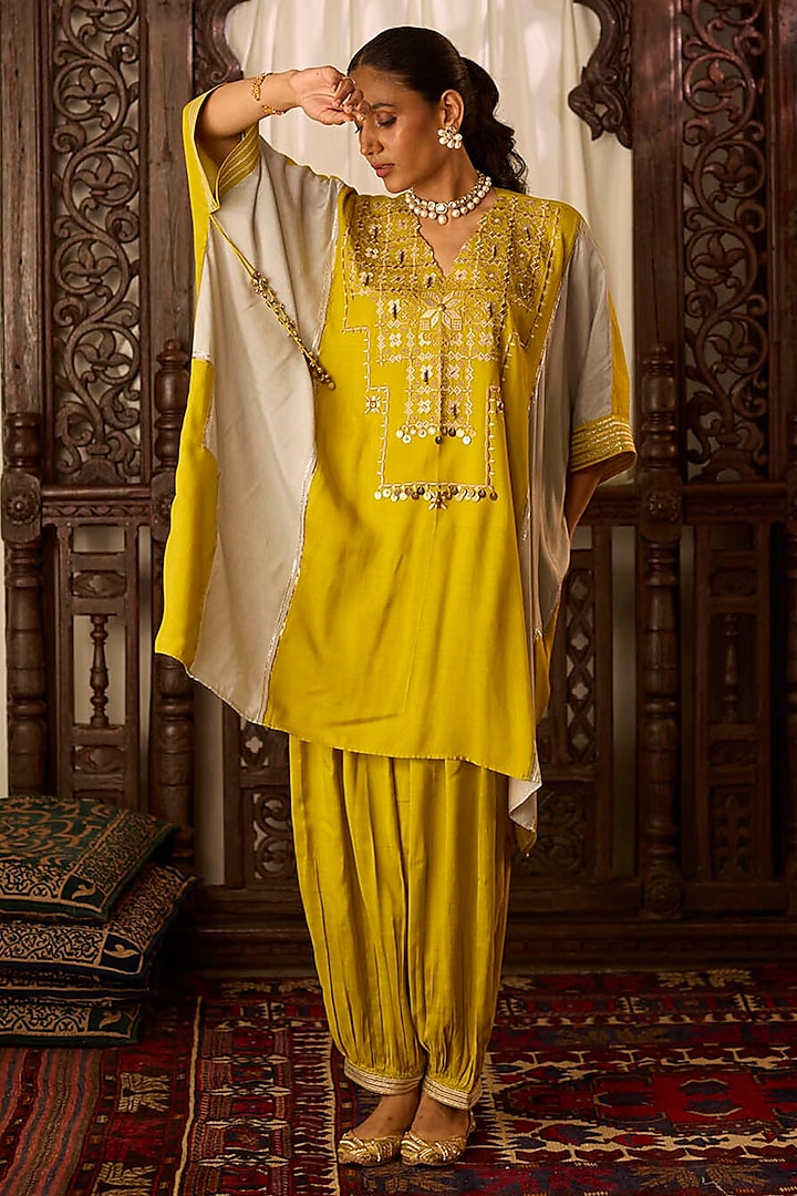 Mustard & Grey Cotton Silk Gota Embroidered Kaftan Set by Inej at Pernia's Pop Up Shop