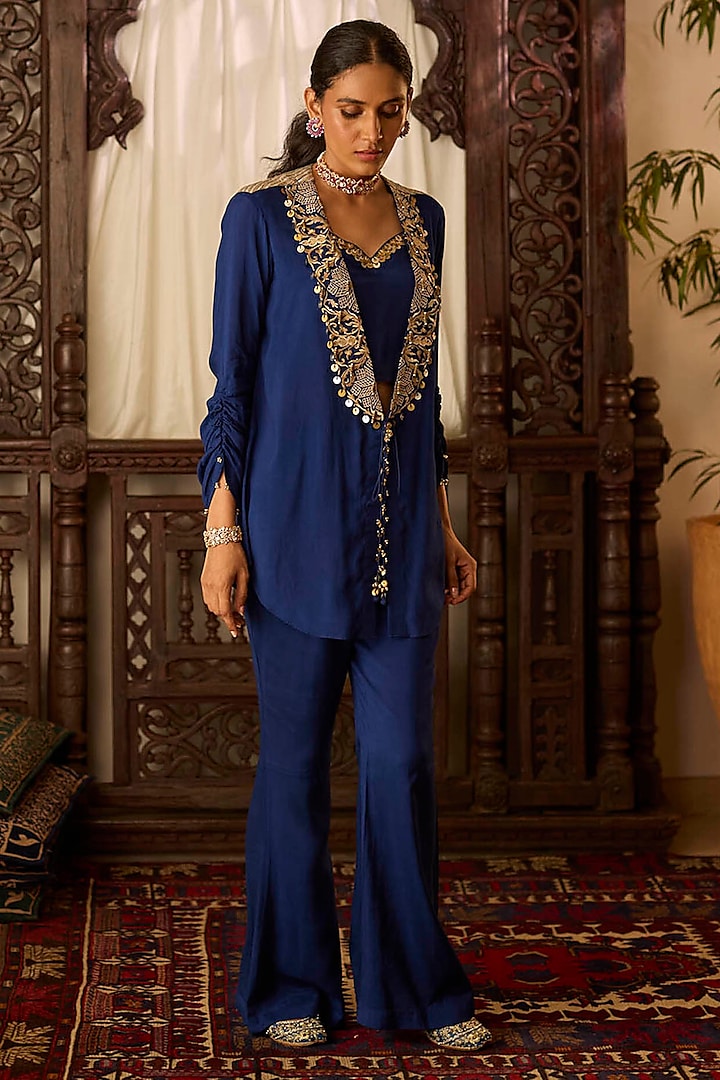 Navy Blue Cotton Silk Thread & Zari Embroidered Co-Ord Set by Inej at Pernia's Pop Up Shop