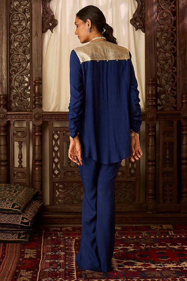 Navy Blue Cotton Silk Thread & Zari Embroidered Co-Ord Set by Inej at Pernia's Pop Up Shop