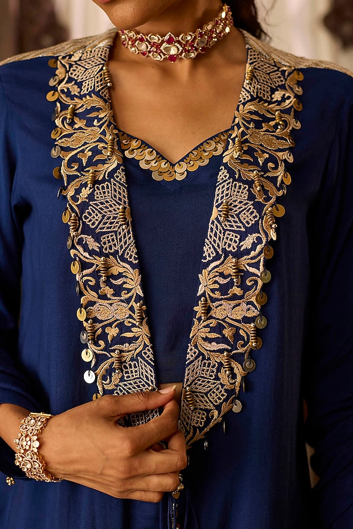 Navy Blue Cotton Silk Thread & Zari Embroidered Co-Ord Set by Inej at Pernia's Pop Up Shop