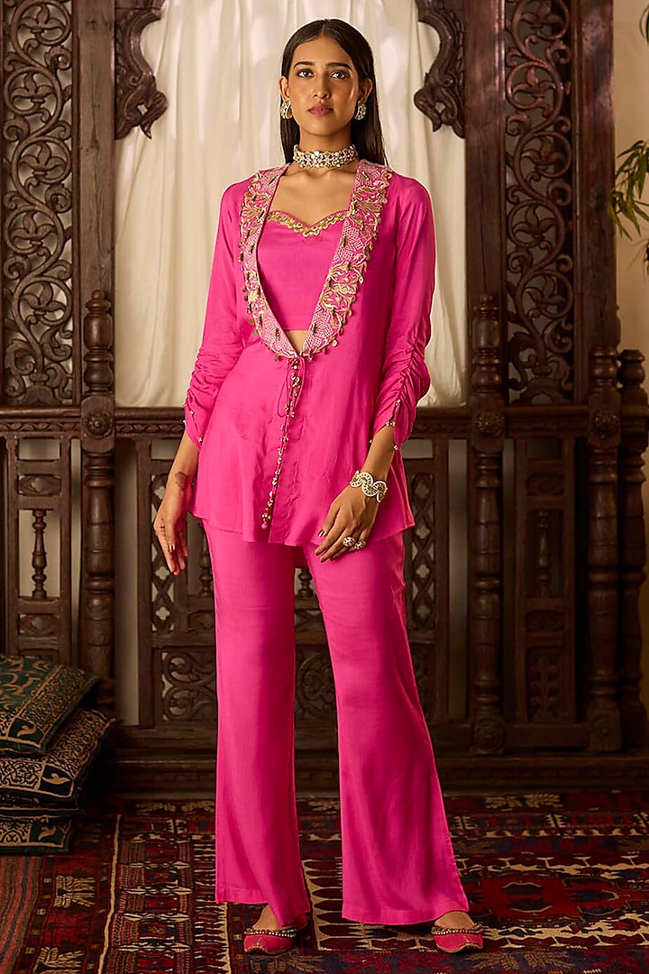 Hot Pink Cotton Silk Thread & Zari Embroidered Co-Ord Set by Inej at Pernia's Pop Up Shop