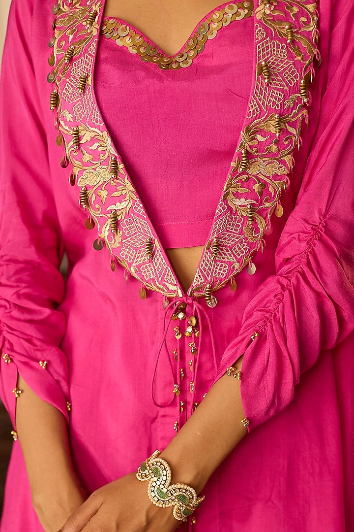 Hot Pink Cotton Silk Thread & Zari Embroidered Co-Ord Set by Inej at Pernia's Pop Up Shop