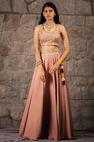 Blush Pink Cotton Rayon Lehenga Set by Inej