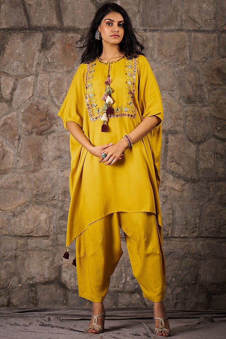 Mustard Cotton Rayon & Flex Aari Embroidered Kaftan Kurta Set by Inej