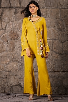 Mustard Embroidered Co-Ord Set by Inej-PANT SUITS & CO-ORD SETS