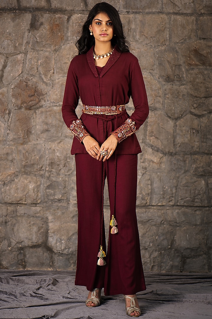 Maroon Embroidered Co-Ord Set by Inej