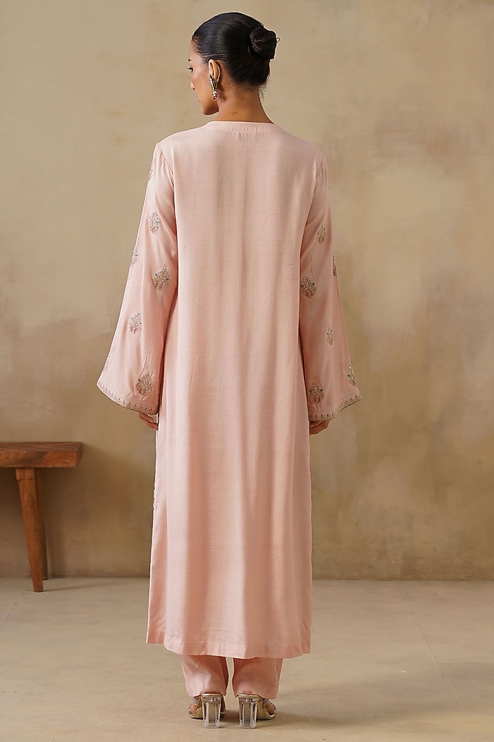 Pink Cotton Silk Thread Embroidered Straight-Cut Kurta Set by Inej at Pernia's Pop Up Shop