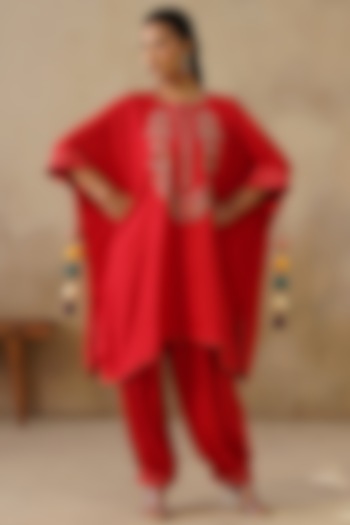 Red Cotton Silk Embroidered Kaftan Set by Inej at Pernia's Pop Up Shop