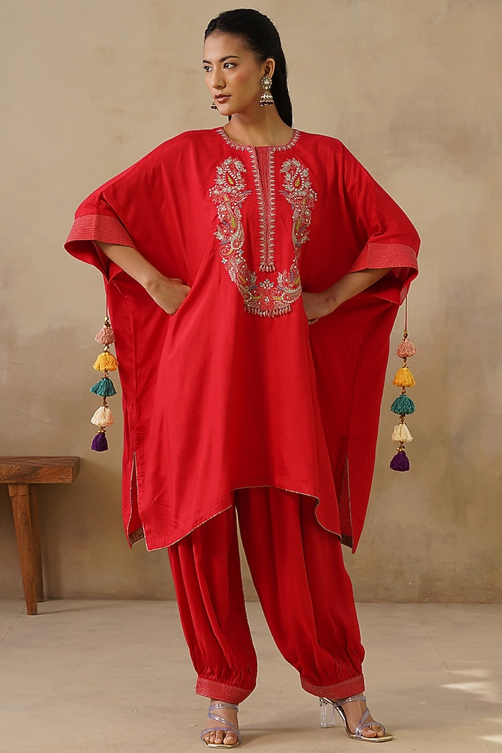 Red Cotton Silk Embroidered Kaftan Set by Inej at Pernia's Pop Up Shop