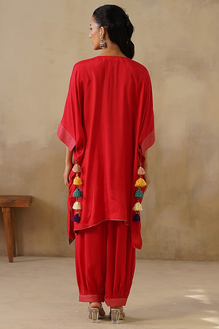 Red Cotton Silk Embroidered Kaftan Set by Inej at Pernia's Pop Up Shop