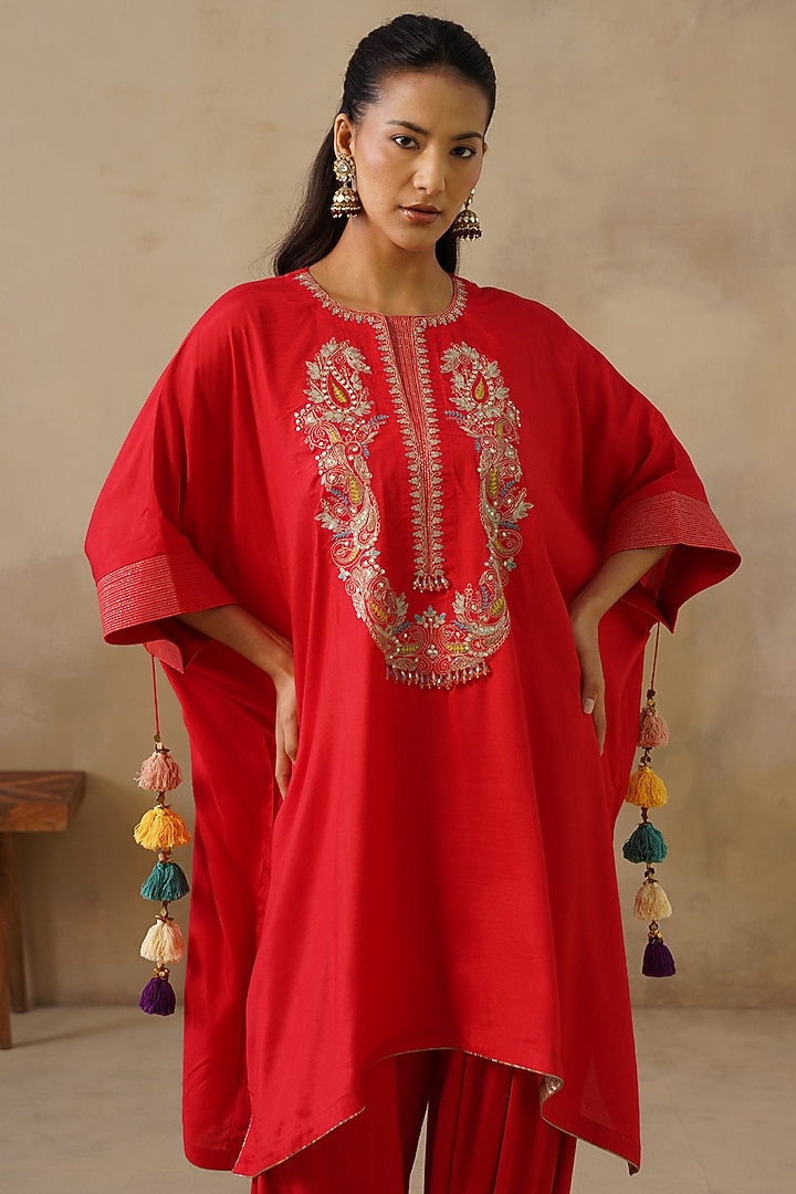 Red Cotton Silk Embroidered Kaftan Set by Inej at Pernia's Pop Up Shop