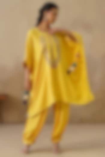 Yellow Cotton Silk Embroidered Kaftan Set by Inej at Pernia's Pop Up Shop