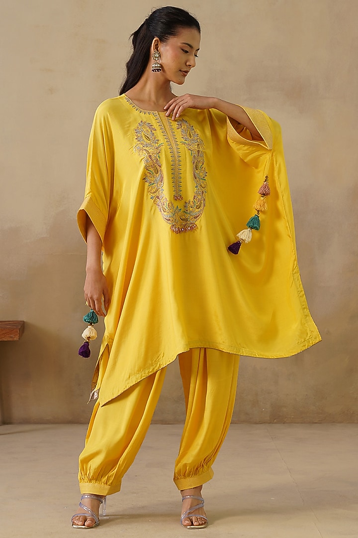 Yellow Cotton Silk Embroidered Kaftan Set by Inej at Pernia's Pop Up Shop