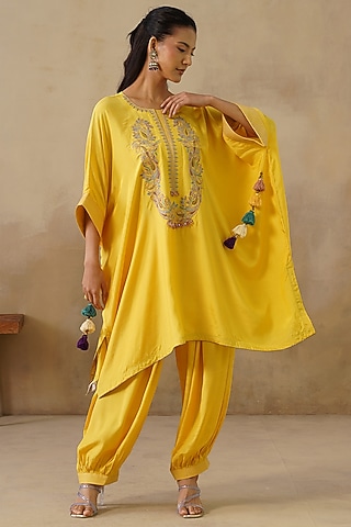 Yellow Cotton Silk Embroidered Kaftan Set by Inej