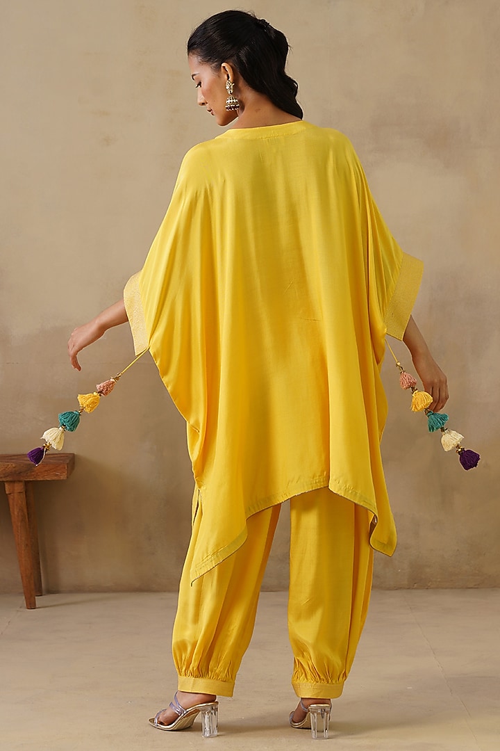 Yellow Cotton Silk Embroidered Kaftan Set by Inej at Pernia's Pop Up Shop