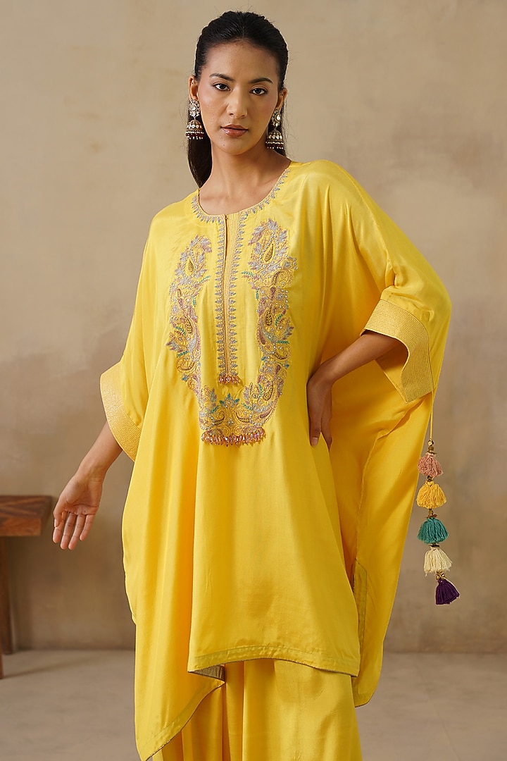 Yellow Cotton Silk Embroidered Kaftan Set by Inej at Pernia's Pop Up Shop