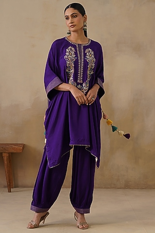 Purple Cotton Silk Embroidered Kaftan Set by Inej