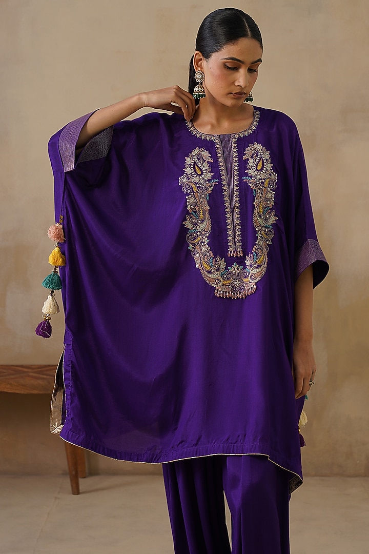 Purple Cotton Silk Embroidered Kaftan Set by Inej at Pernia's Pop Up Shop