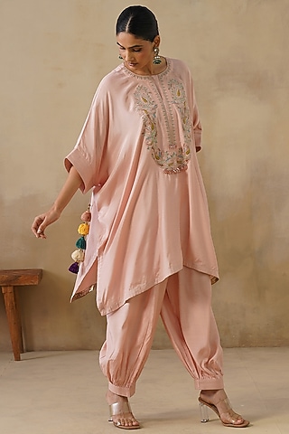 Pink Cotton Silk Embroidered Kaftan Set by Inej
