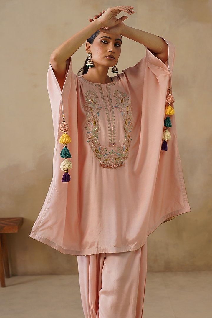Pink Cotton Silk Embroidered Kaftan Set by Inej at Pernia's Pop Up Shop