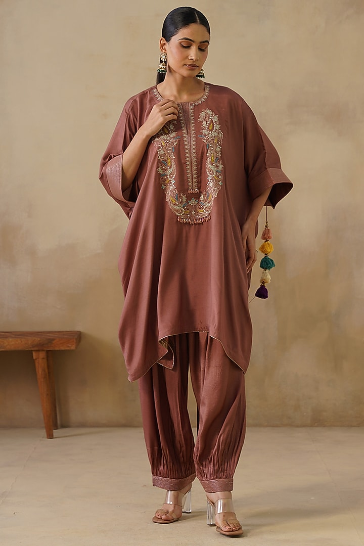 Brown Cotton Silk Embroidered Kaftan Set by Inej at Pernia's Pop Up Shop