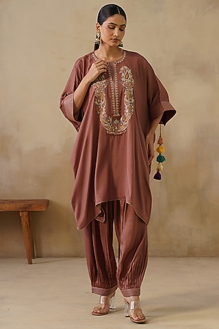 Brown Cotton Silk Embroidered Kaftan Set by Inej