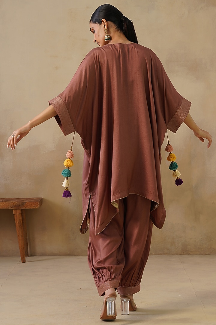 Brown Cotton Silk Embroidered Kaftan Set by Inej at Pernia's Pop Up Shop
