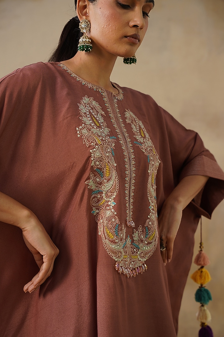 Brown Cotton Silk Embroidered Kaftan Set by Inej at Pernia's Pop Up Shop