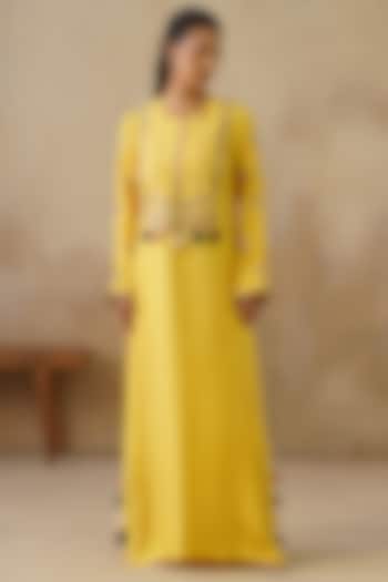 Yellow Cotton Silk Thread Embroidered Straight-Cut Vacation Dress by Inej at Pernia's Pop Up Shop