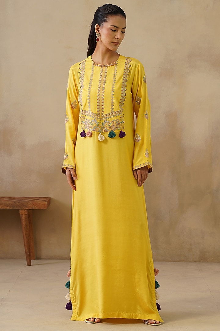 Yellow Cotton Silk Thread Embroidered Straight-Cut Vacation Dress by Inej at Pernia's Pop Up Shop