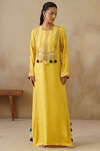 Yellow Cotton Silk Thread Embroidered Straight-Cut Dress by Inej