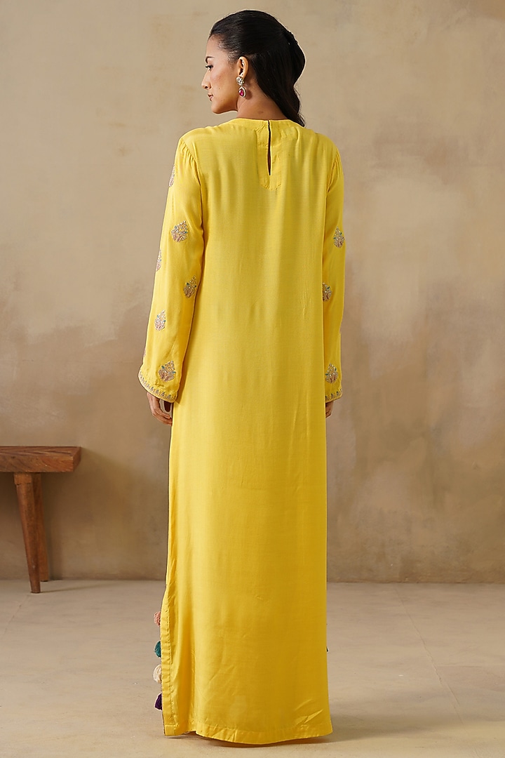 Yellow Cotton Silk Thread Embroidered Straight-Cut Vacation Dress by Inej at Pernia's Pop Up Shop