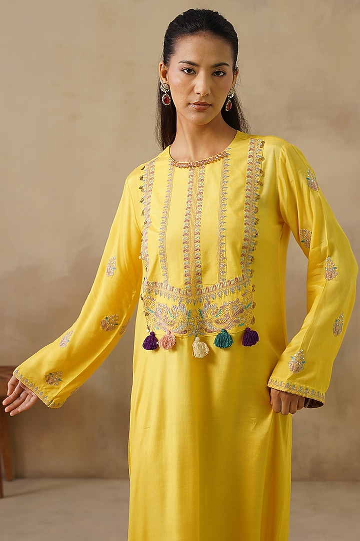 Yellow Cotton Silk Thread Embroidered Straight-Cut Vacation Dress by Inej at Pernia's Pop Up Shop