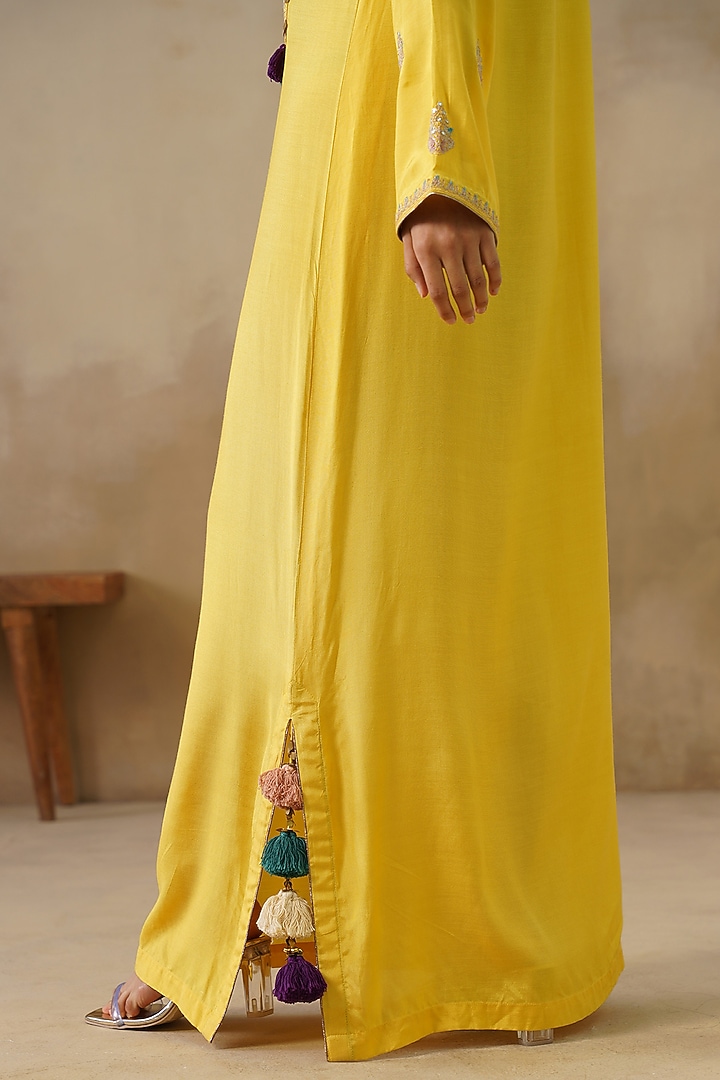 Yellow Cotton Silk Thread Embroidered Straight-Cut Vacation Dress by Inej at Pernia's Pop Up Shop