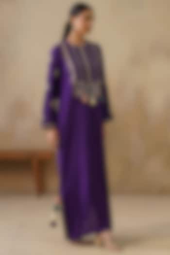 Purple Cotton Silk Thread Embroidered Straight-Cut Vacation Dress by Inej at Pernia's Pop Up Shop