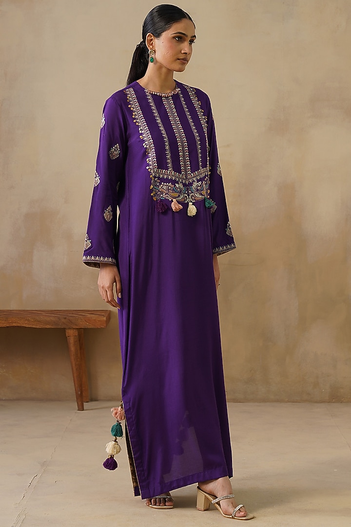 Purple Cotton Silk Thread Embroidered Straight-Cut Vacation Dress by Inej at Pernia's Pop Up Shop