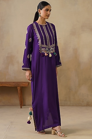 Purple Cotton Silk Thread Embroidered Straight-Cut Dress by Inej