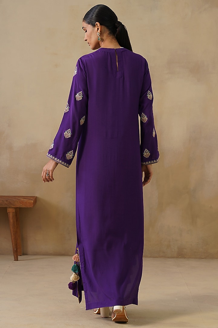 Purple Cotton Silk Thread Embroidered Straight-Cut Vacation Dress by Inej at Pernia's Pop Up Shop