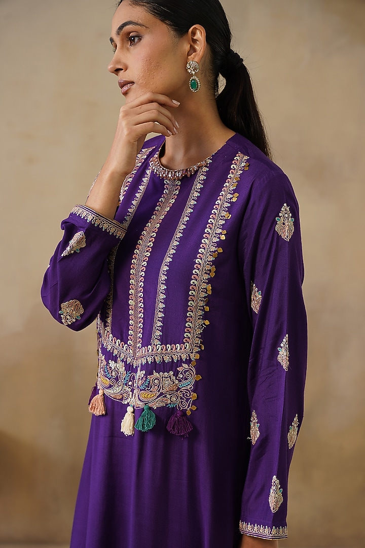 Purple Cotton Silk Thread Embroidered Straight-Cut Vacation Dress by Inej at Pernia's Pop Up Shop