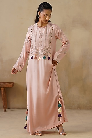 Pink Cotton Silk Thread Embroidered Straight-Cut Dress by Inej