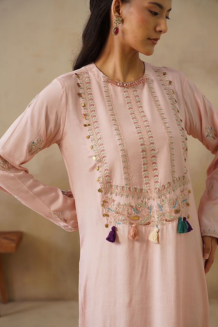 Pink Cotton Silk Thread Embroidered Straight-Cut Vacation Dress by Inej at Pernia's Pop Up Shop